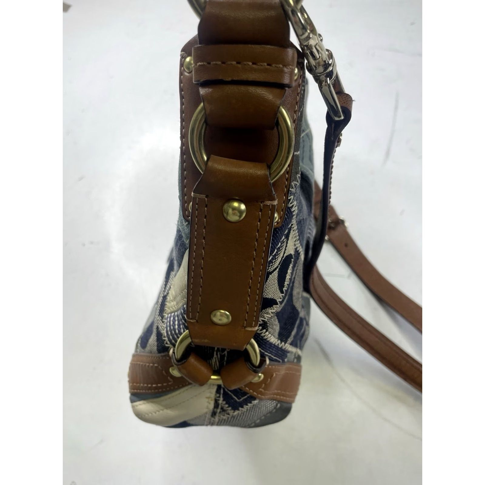 Coach COACH Carly Denim Patchwork Hobo Bag Shoulder Bag Tan Leather Denim 12215 Y2K Women’s Leather Lining Cars Theme Size ONE SIZE - 6 Thumbnail