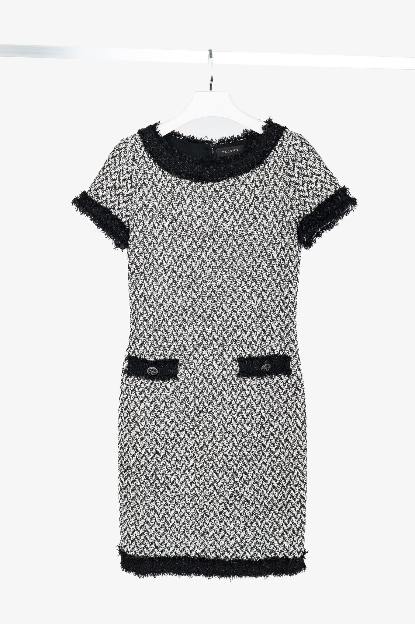 St. John White & Black Chevron-Tweed Short-Sleeve Dress