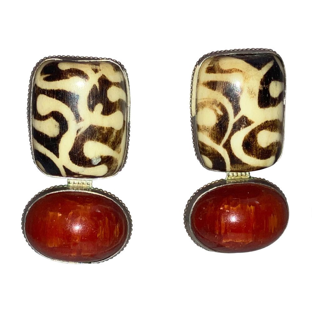 Designer Sterling Dyed Water Buffalo Bone Cherry Amber Earrings Size ONE SIZE - 1 Thumbnail