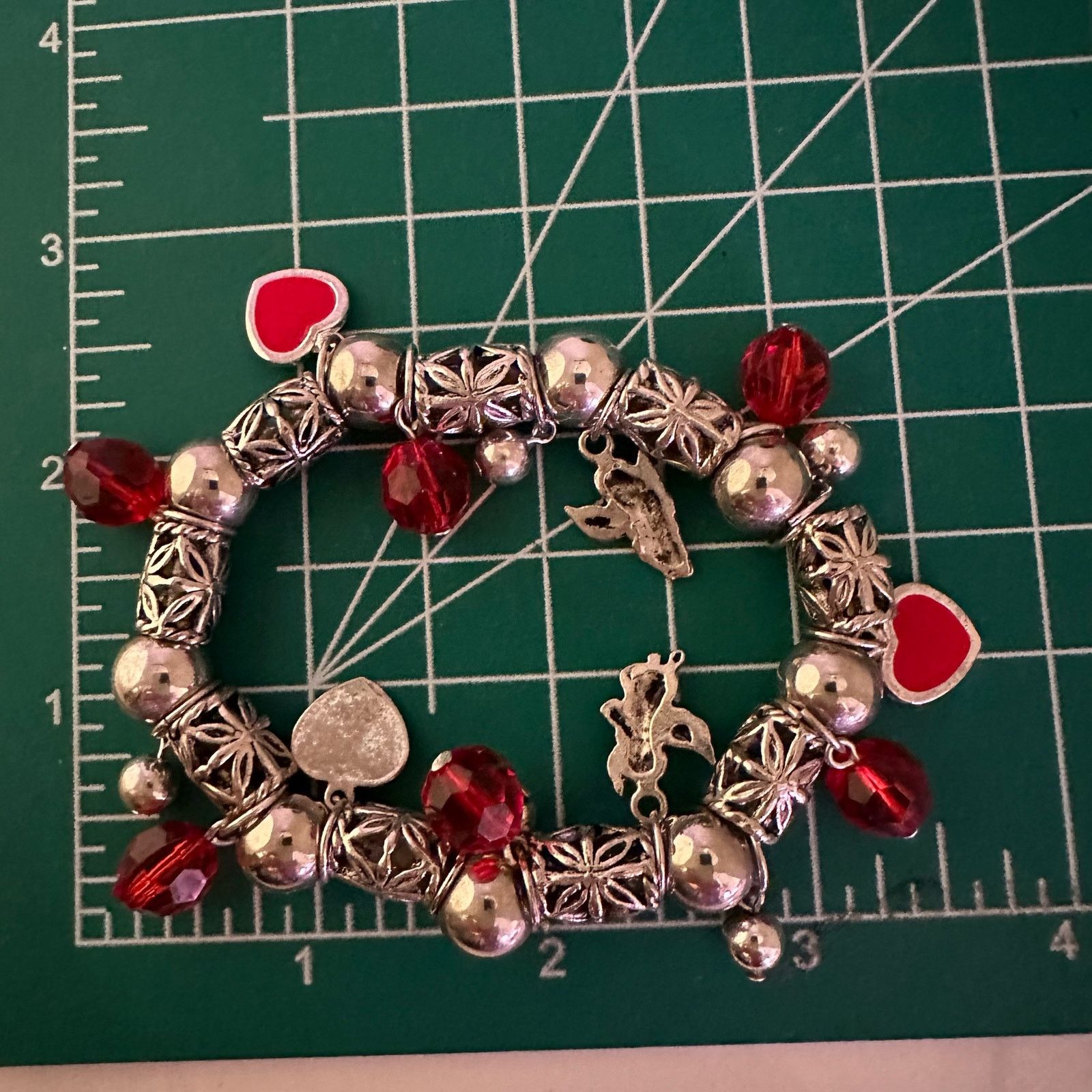 Vintage VTG Silver Art Deco Angels Red Hearts Charm Bracelet Stretch Size ONE SIZE - 6 Thumbnail