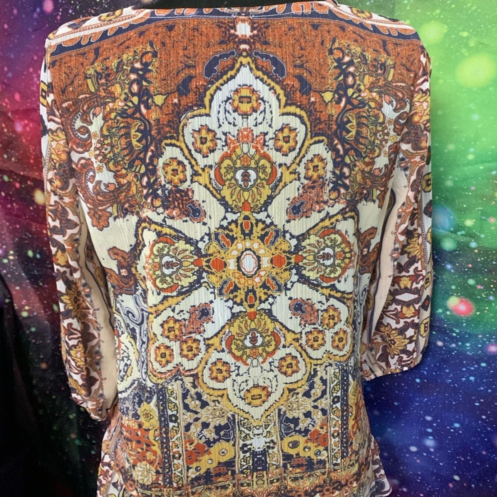 Designer Brown and Tan 3/4 Sleeve Tie Front Blouse Size S / US 4 / IT 40 - 3 Thumbnail