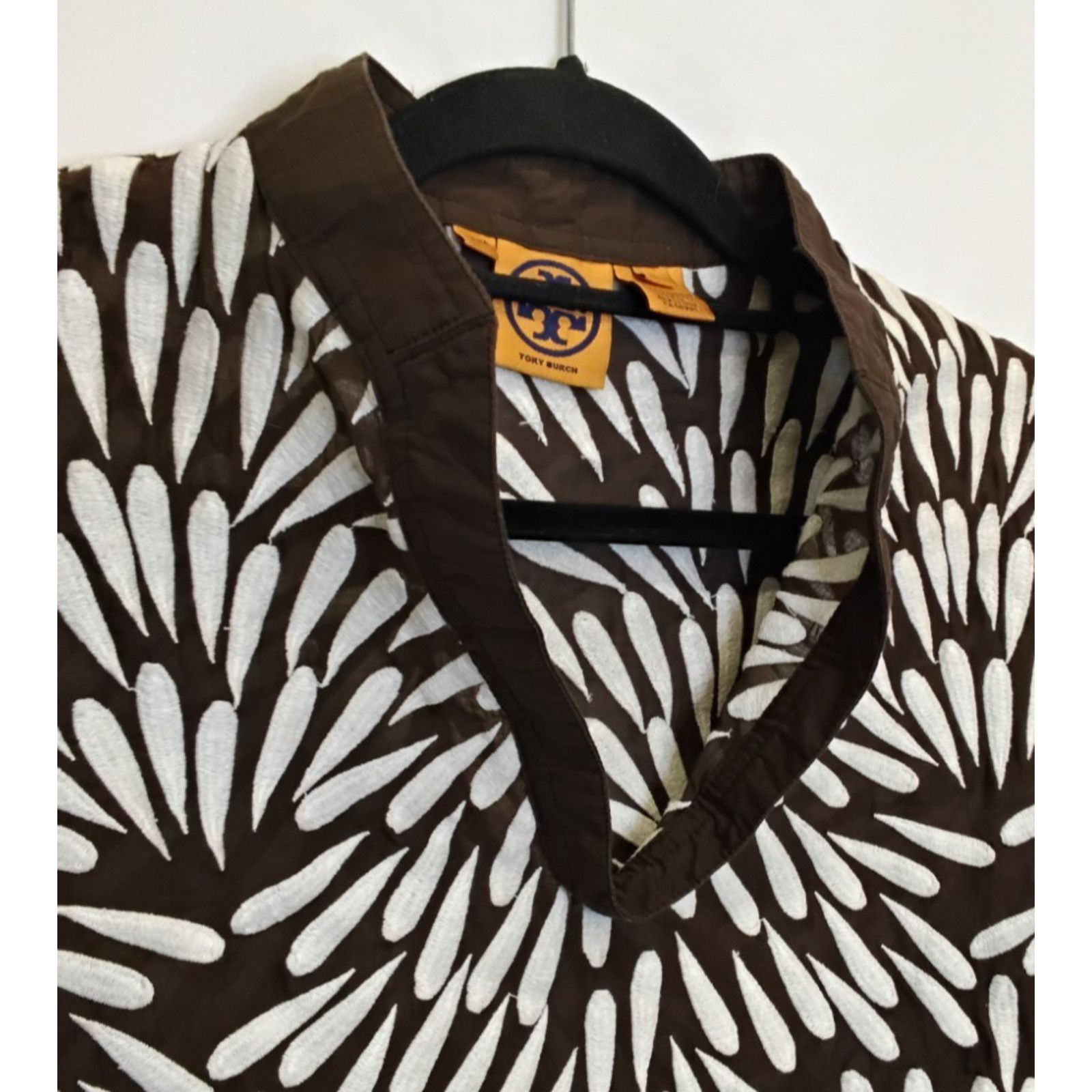 Tory Burch Tory Burch V-Neck Blouse Women's 2 Brown/White Embroidered Size XS / US 0-2 / IT 36-38 - 4 Thumbnail