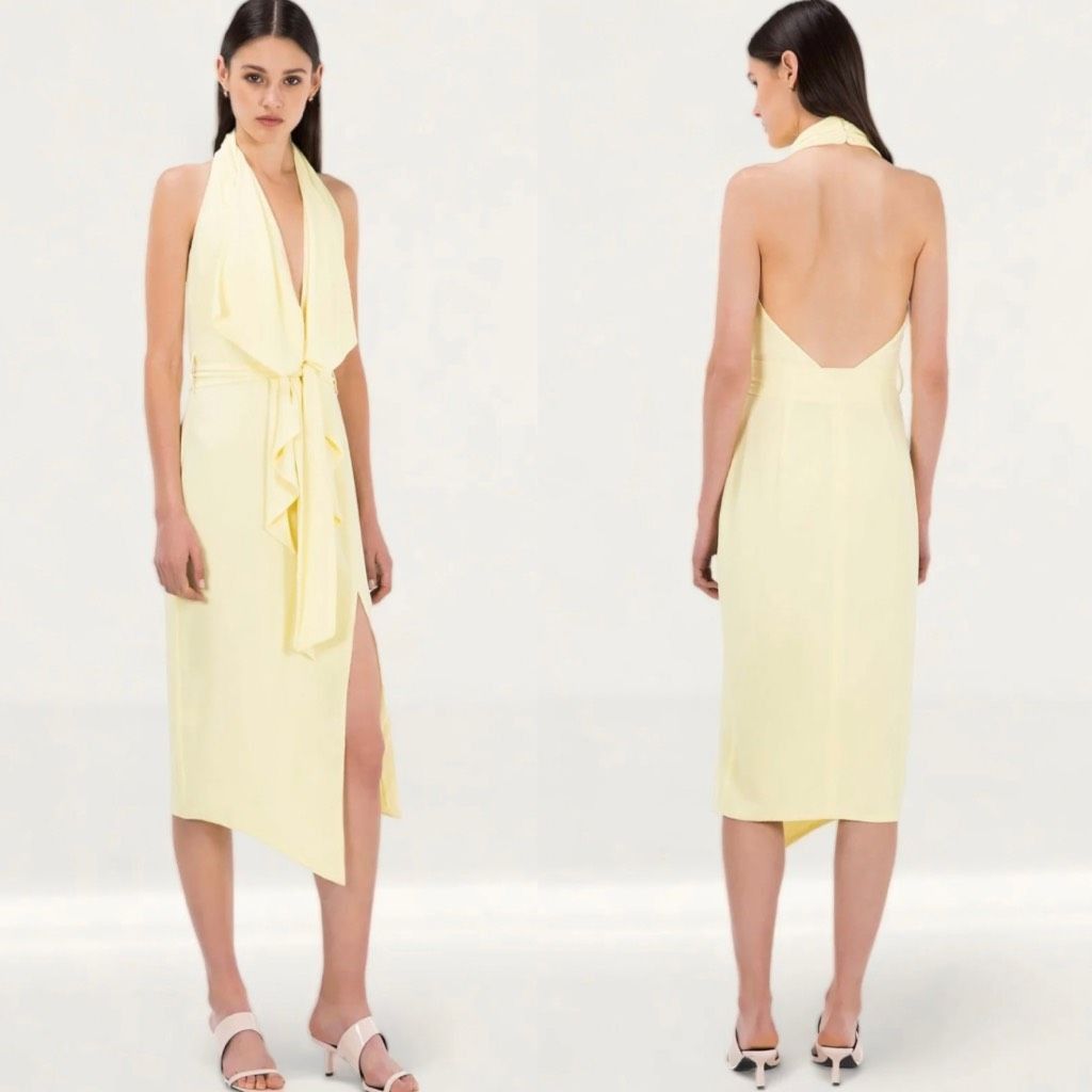 Image of Misha Collection New Misha Dress Halter Draped Lemon Yellow Open Back Lorena, Women's (Size Small)