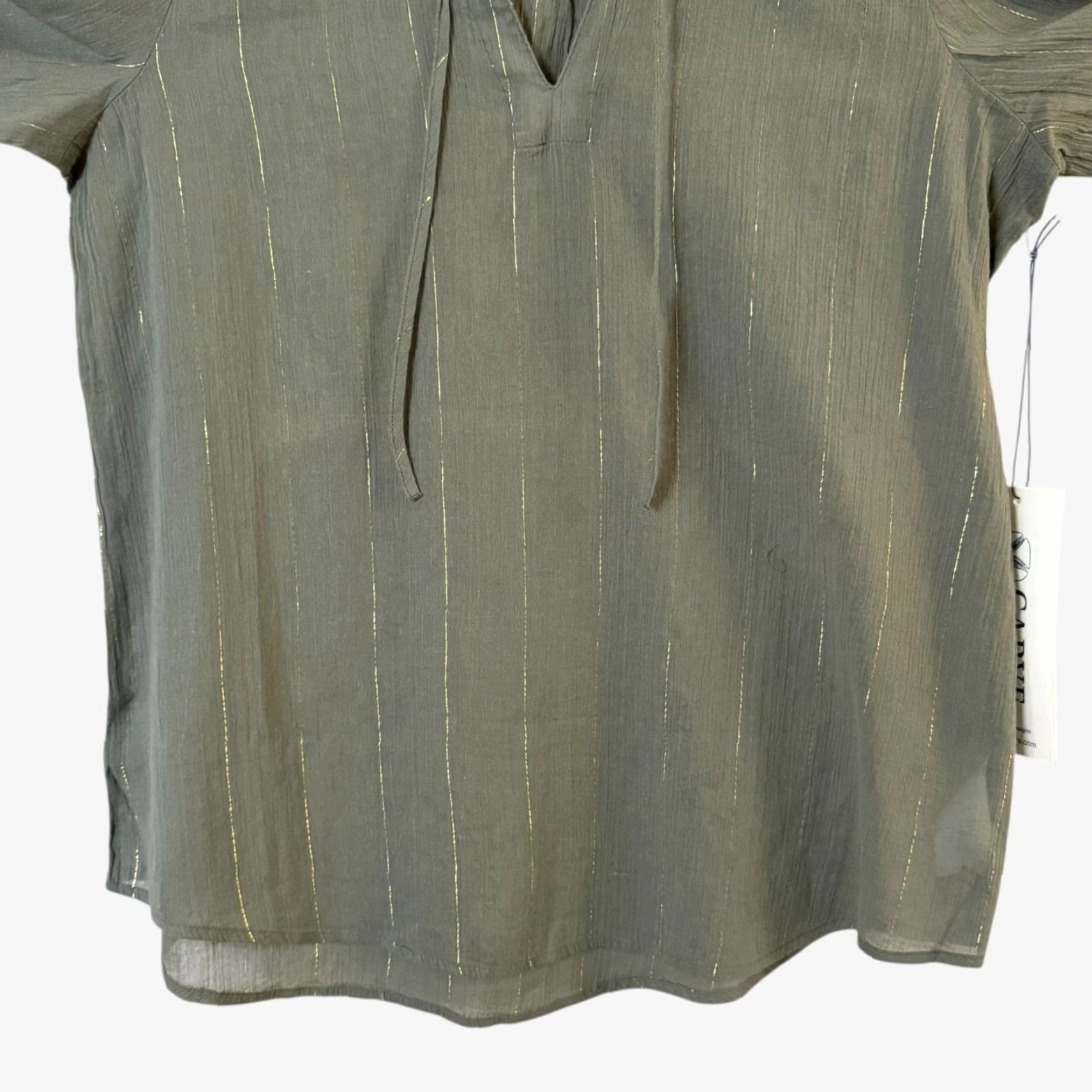 Vintage Carve Designs Tunic Women Medium Green Organic Cotton Metallic Stripe Beach Bohemian Lightweight V-Neck Long Sleeve Casual Travel Size M / US 6-8 / IT 42-44 - 6 Thumbnail