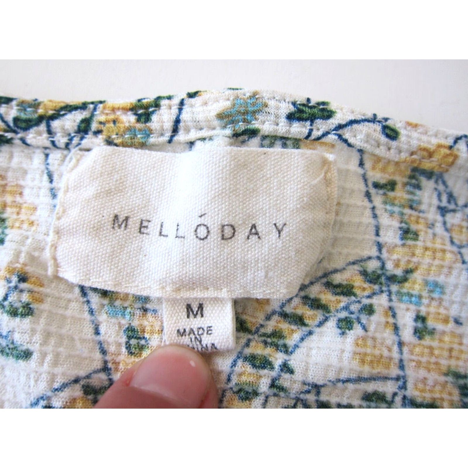 Vintage Melloday Blouse V-Neck Floral Stretch Tunic Peasant Ruffle Sleeve Green Yellow M Women's Shirt Size M / US 6-8 / IT 42-44 - 4 Thumbnail