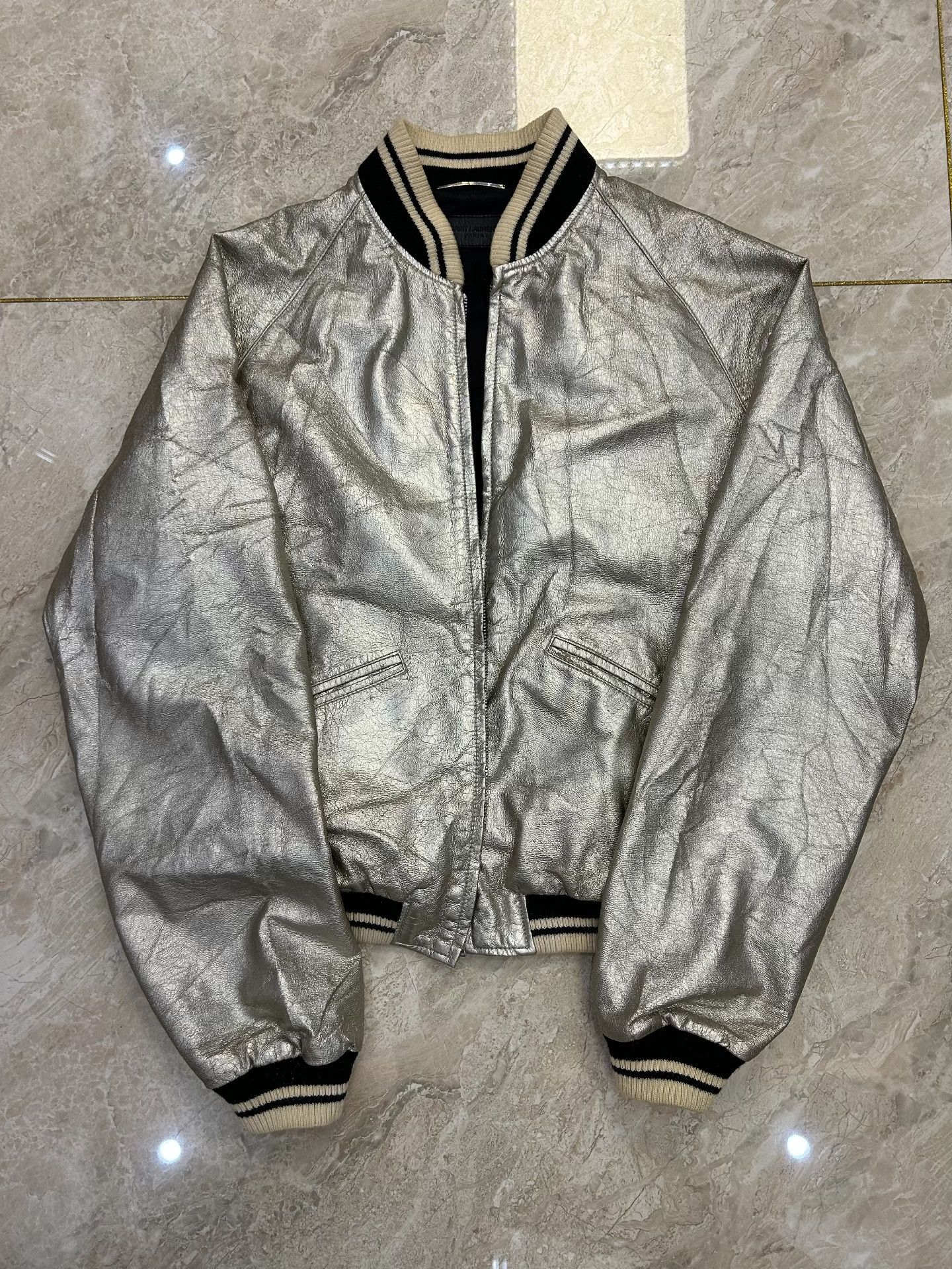 Saint Laurent Paris Saint Laurent Silver Leather Baseball Jacket Size US M / EU 48-50 / 2 - 1 Thumbnail