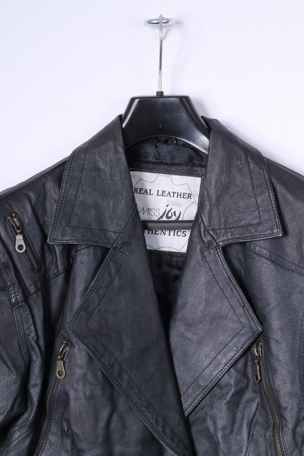 Vintage Miss Joy Women 38 M Jacket Black Leather Biker 0978 Size M / US 6-8 / IT 42-44 - 3 Thumbnail
