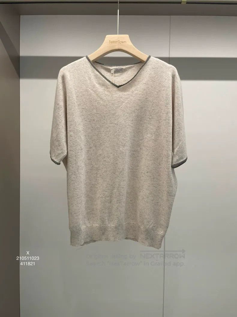 Brunello Cucinelli Brunello Cucinelli Beige Grey Cashmere Beaded T-Shirt Size XS / US 0-2 / IT 36-38 - 1 Thumbnail