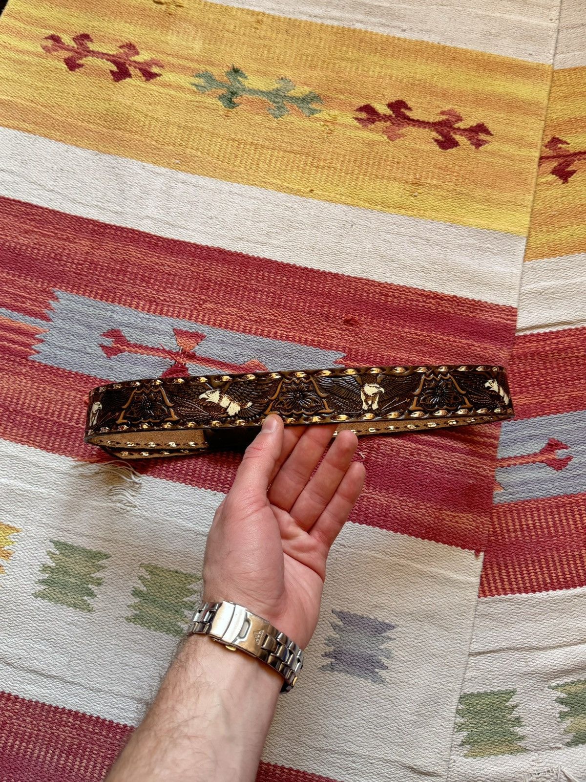 Genuine Leather Vintage 90’s Eagle Made In USA Western Cowboy Leather Belt Size ONE SIZE - 5 Thumbnail