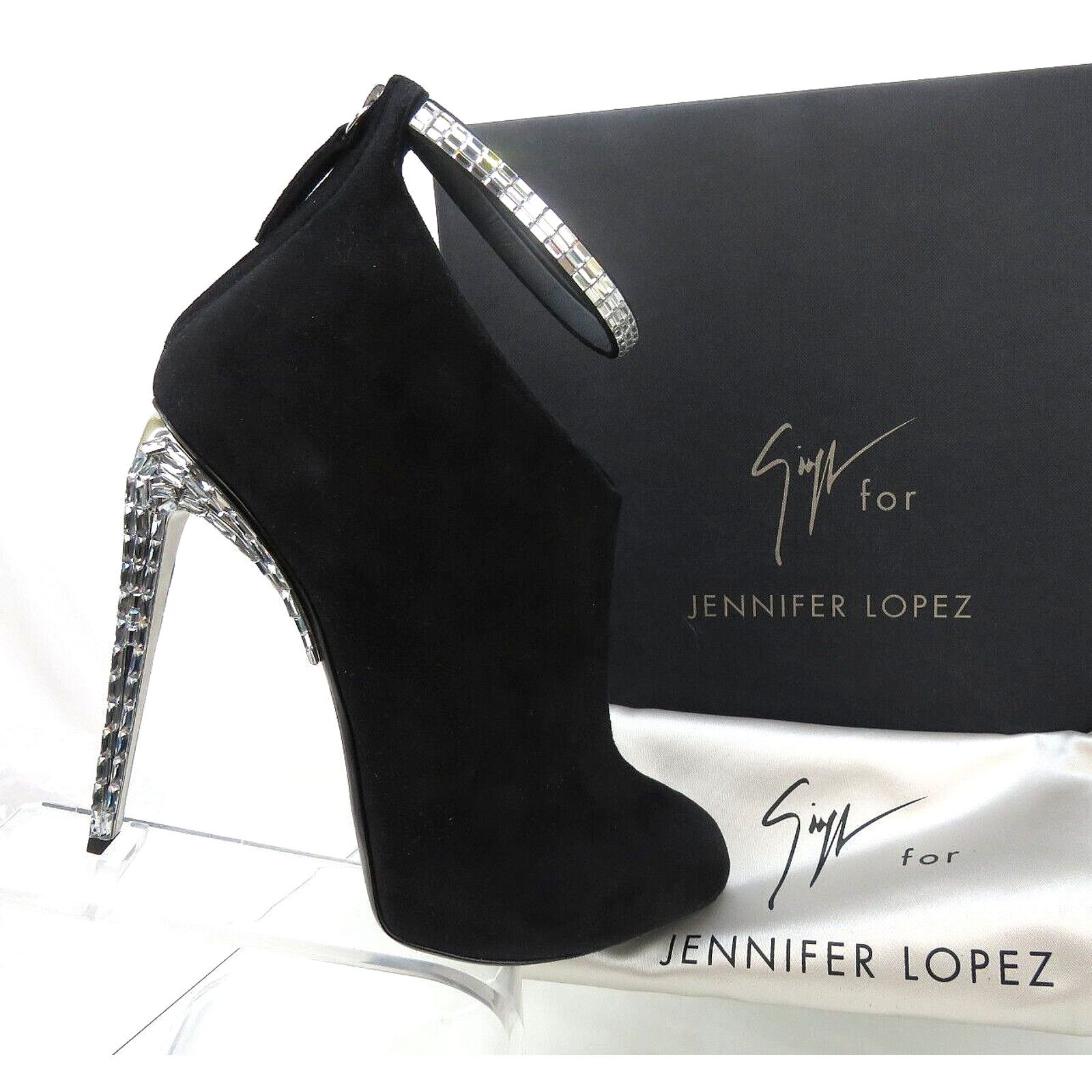 LOPEZ FRIDA BLACK SUEDE CRYSTALS ANKLE ZIP BOOTIE PUMPS 39