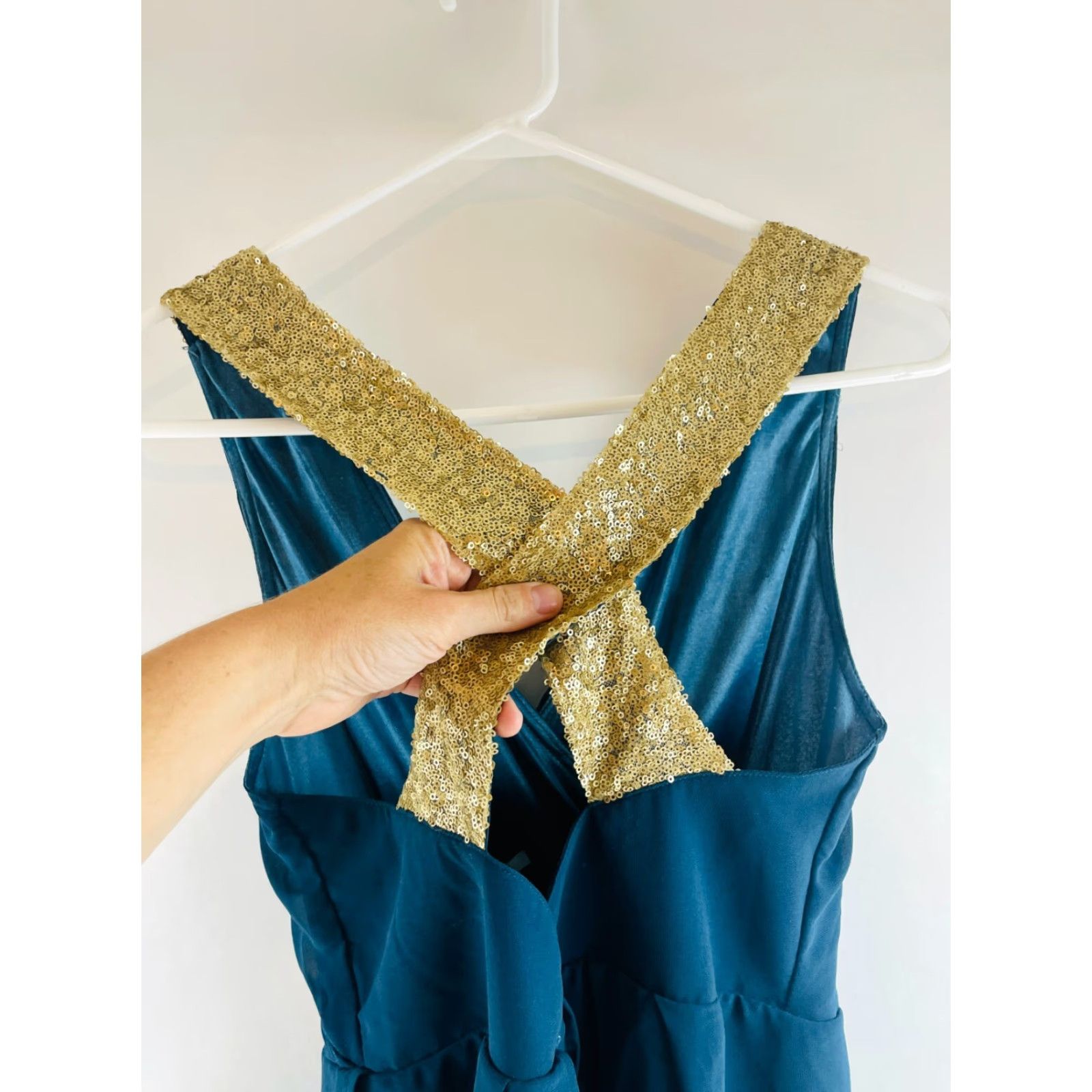Altea CALS Cocktail Dress Women's Size L Teal Gold Sequin Above the Knee Cross Back Size L / US 10 / IT 46 - 5 Thumbnail