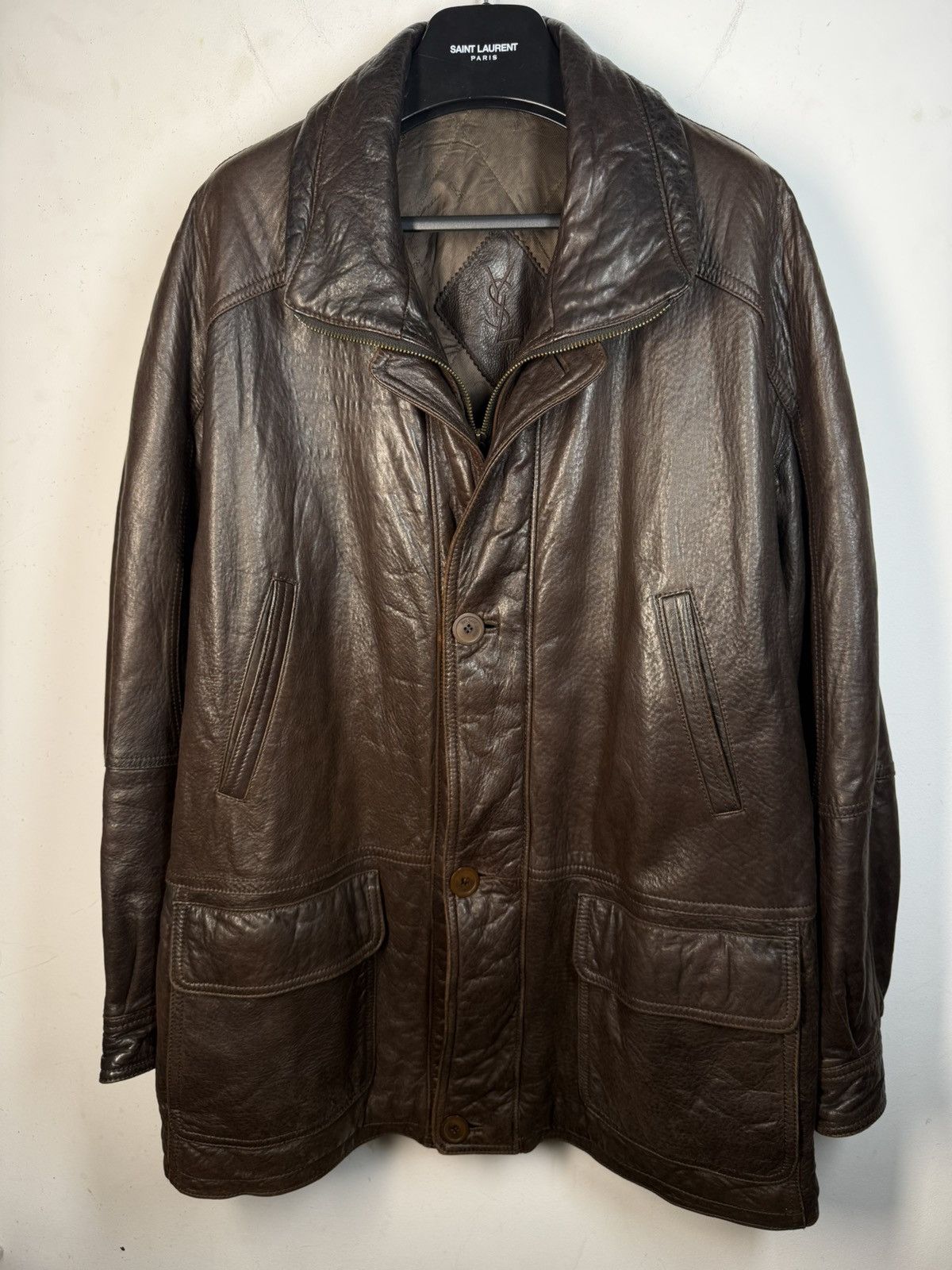 Yves Saint Laurent 90s Napa Leather YSL Jacket Soft Brown Warm Coat Long Size US L / EU 52-54 / 3 - 24 Thumbnail
