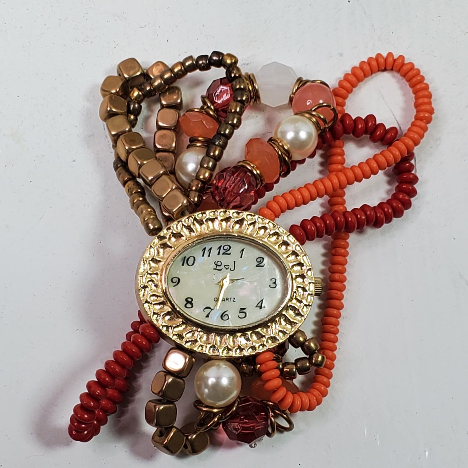 The Unbranded Brand L & J Beaded Wristwatch Multi Strand Red Pink Gold Tone Size ONE SIZE - 2 Thumbnail