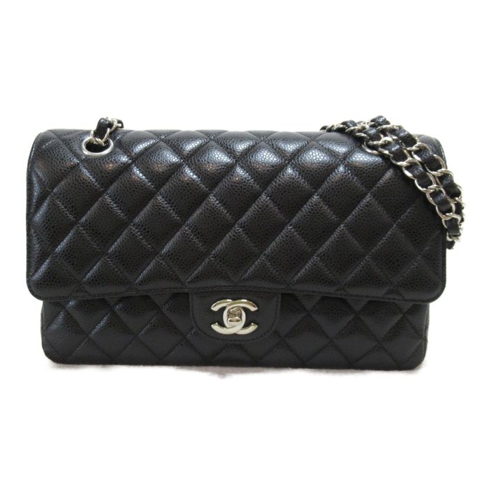 Chanel CHANEL Matelasse W Flap Chain Shoulder Bag Black Caviar Skin