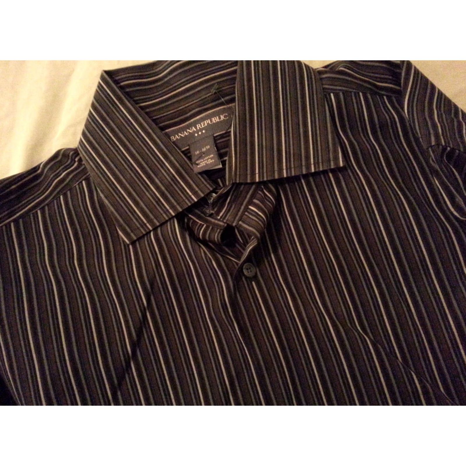 Banana Republic Banana Republic Shirt Mens L Black Dress Stripes Cotton Long Button Size 42R - 5 Thumbnail