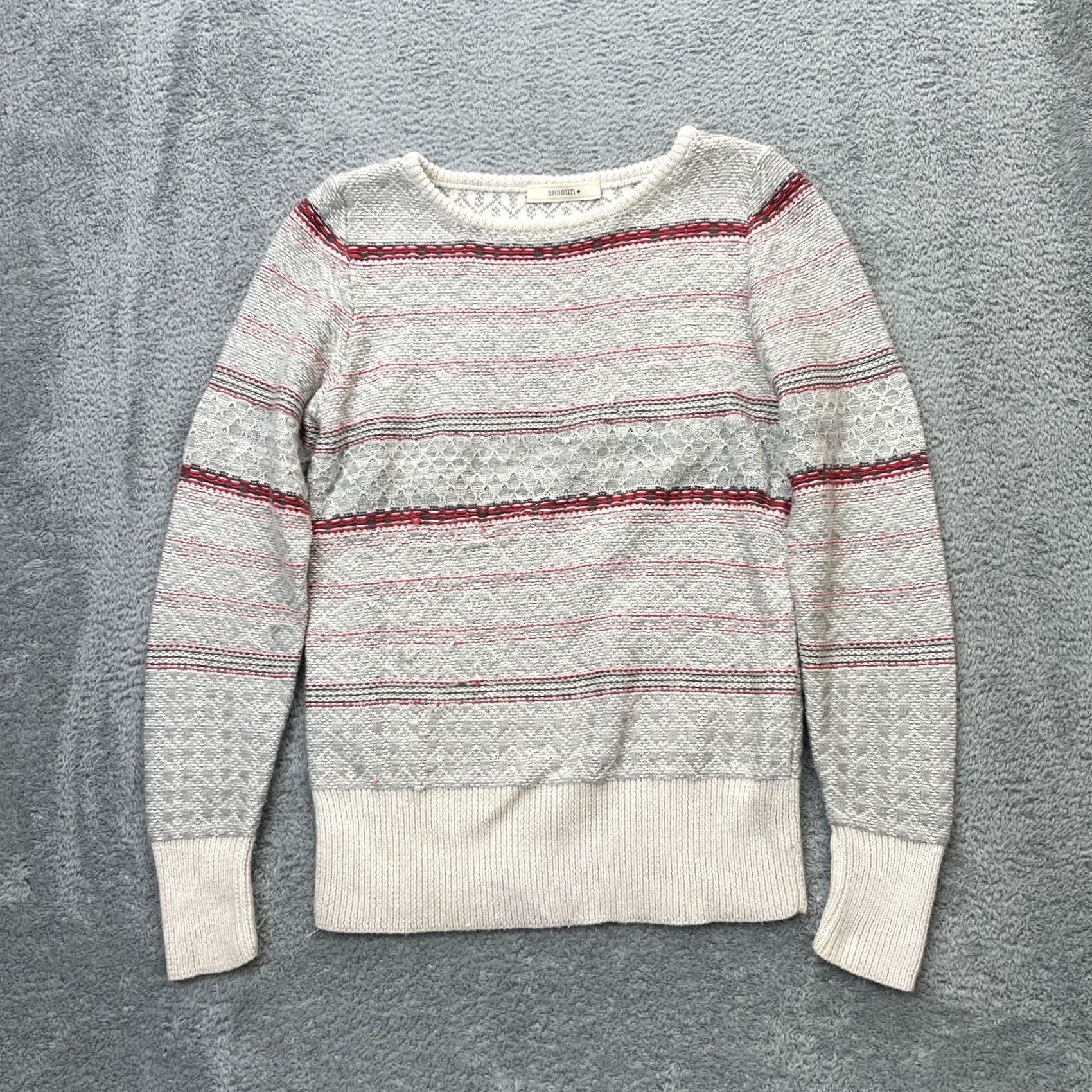 Vintage Sessun Sweater Womens XS Gray Striped Fair Isle Knit Pullover Crew Neck Long Sleeve Casual Winter Size XS / US 0-2 / IT 36-38 - 2 Thumbnail