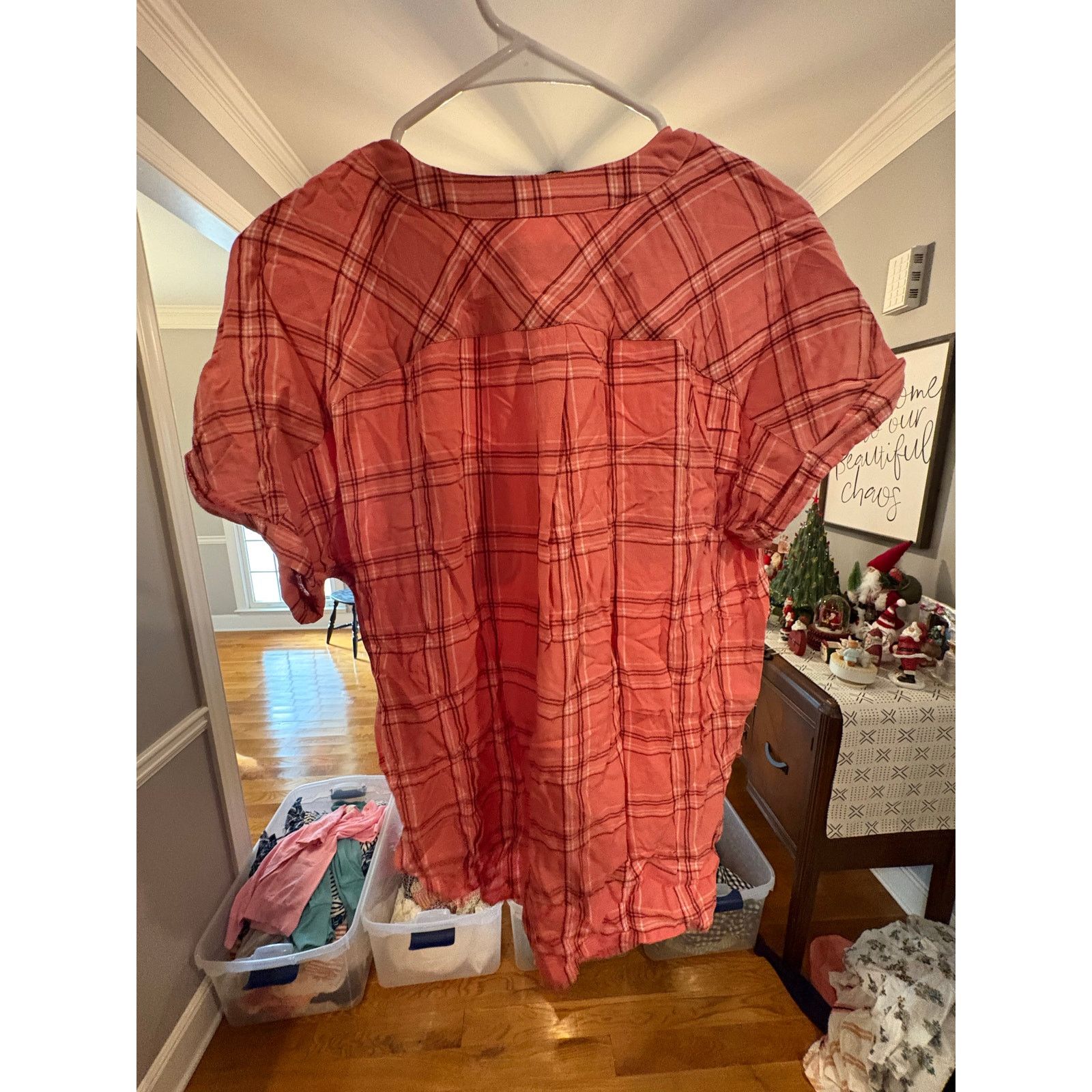 Loft LOFT XS Coral Plaid Button Front Blouse Short Sleeve Size XS / US 0-2 / IT 36-38 - 3 Thumbnail