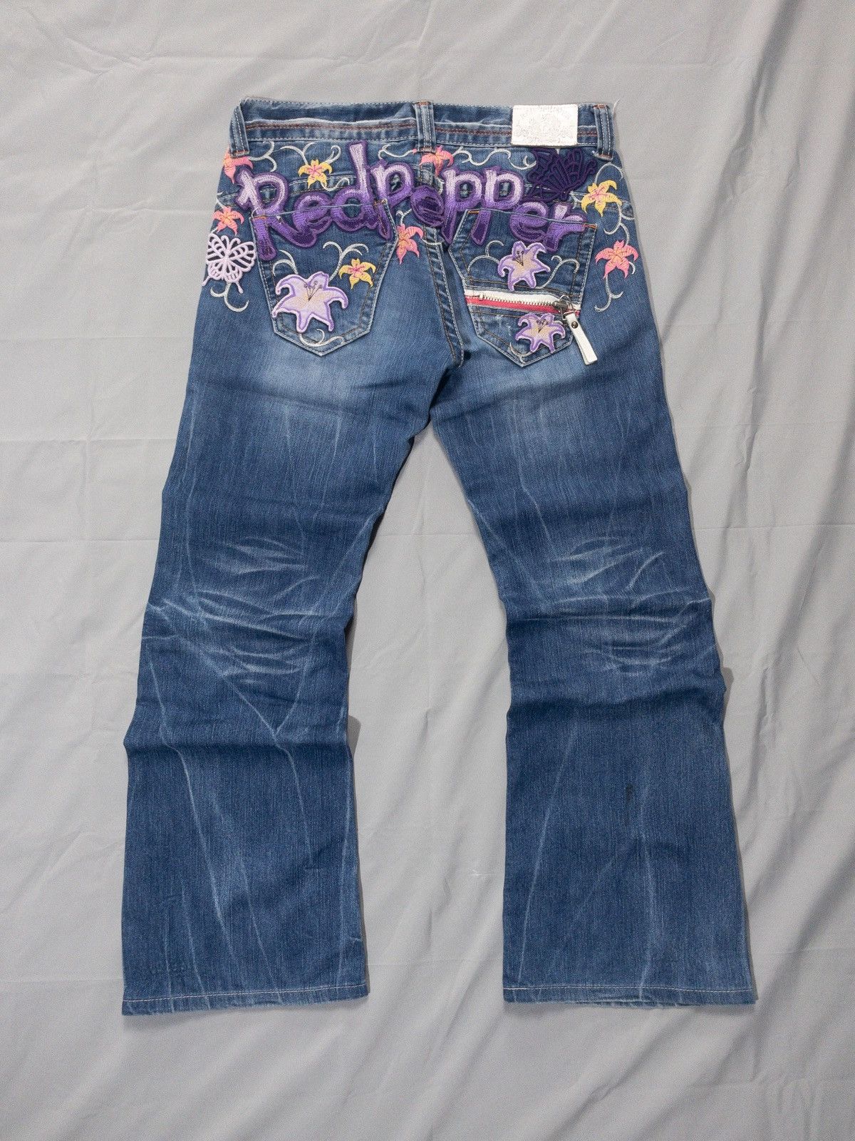 Hysteric Glamour Y2K Red Pepper Flare Jeans Floral Butterfly Embroidery Size 32" / US 10 / IT 46 - 1 Thumbnail