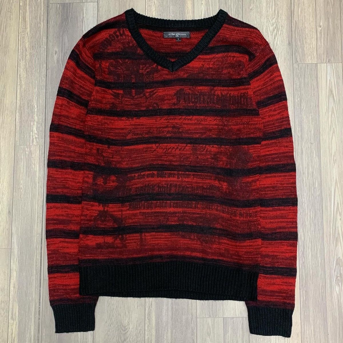 image of In The Attic Homme Gothic Pattern Striped Knit Sweater in Red, Men's (Size Large)