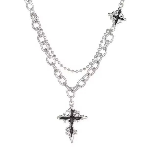 Japanese Brand Retro punk gothic melting cross layered chain necklace y2k Size ONE SIZE - 5 Thumbnail