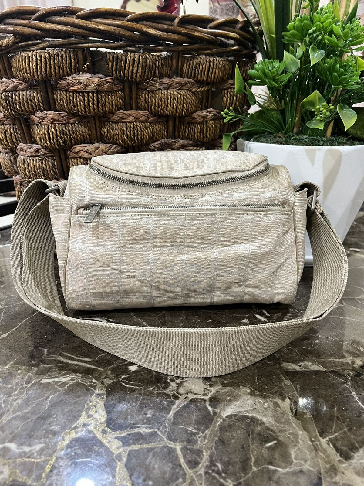 Authentic Chanel New Travel Line Nylon Crossbody Bag Beige