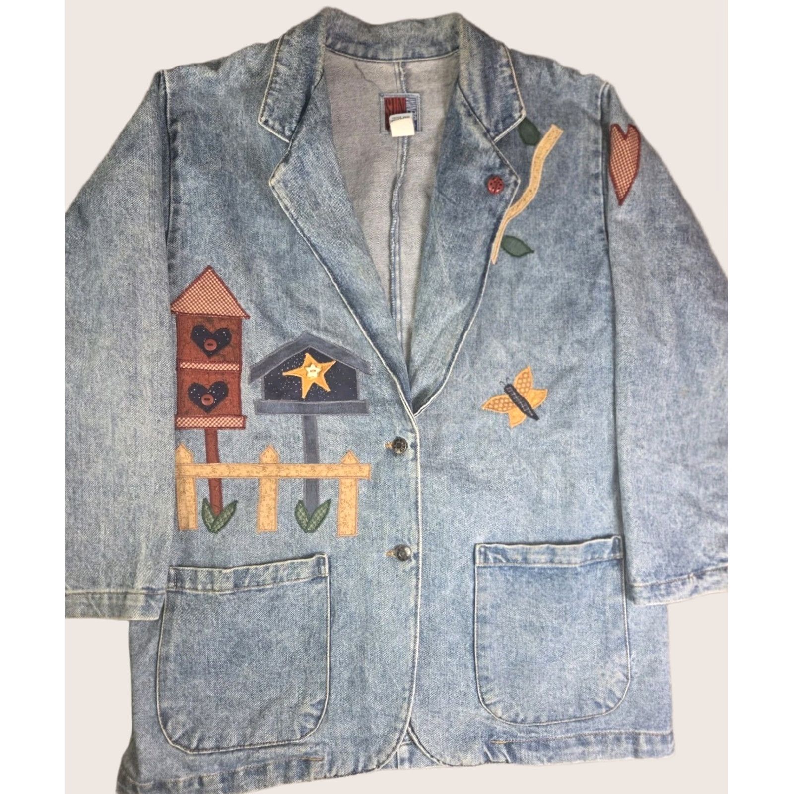 Denime VINTAGE Sun Belt Designs Jacket Womens M Denim Solid Mid-Length Blue Collared Pockets Embroidered Animals Outdoor Size M / US 6-8 / IT 42-44 - 1 Thumbnail
