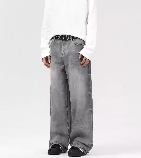 Japanese Brand Airi Grey washed distressed loose straight baggy jeans Size US 32 / EU 48 - 2 Thumbnail
