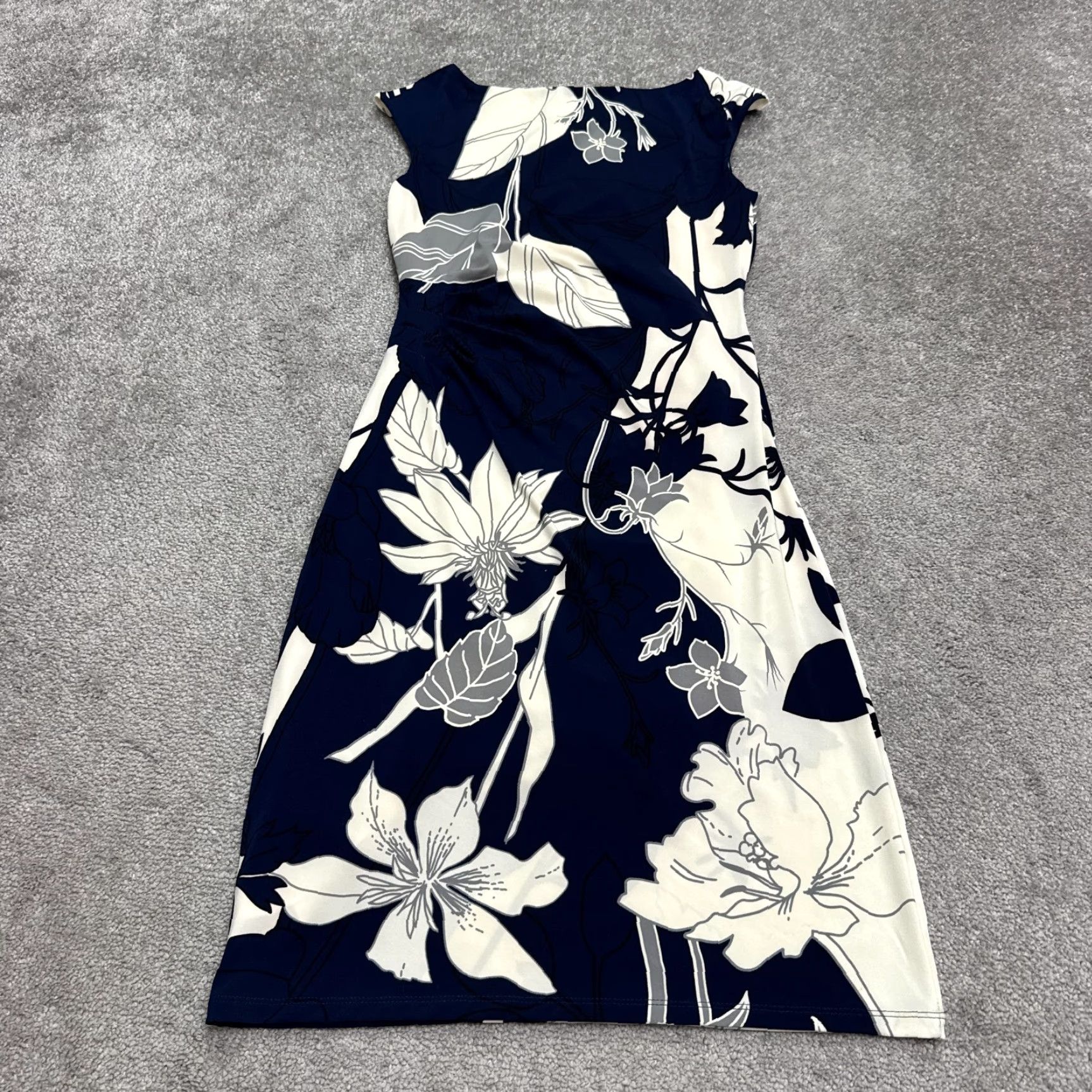 J.Crew Lauren Ralph Lauren Dress Womens 6 Navy White Floral Ruched Sheath Cap Sleeve Size M / US 6-8 / IT 42-44 - 2 Thumbnail