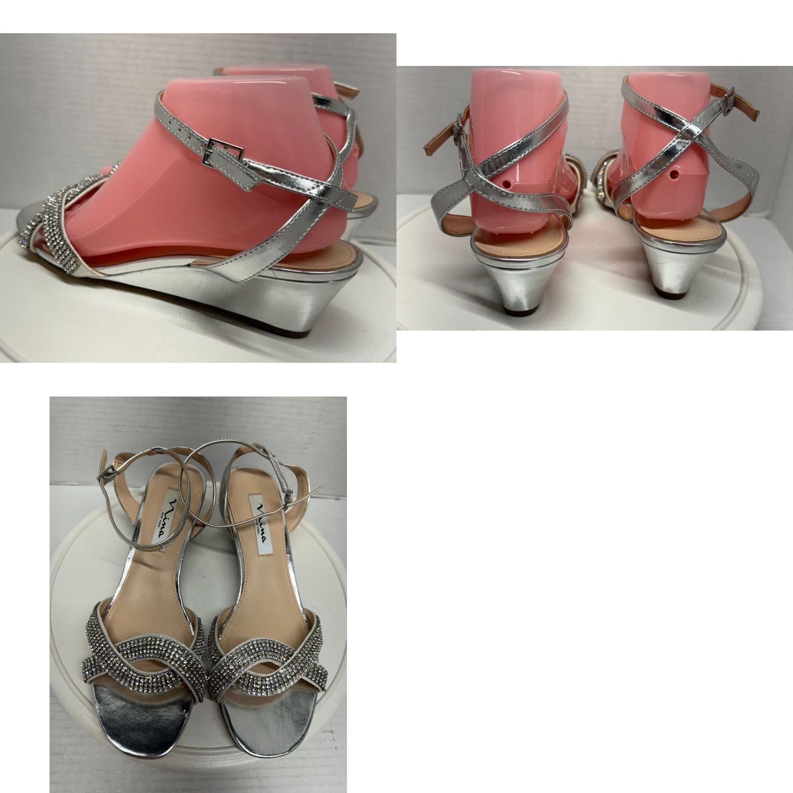 Vintage Nina New York Womens Silver Wedge Rhinestone Ankle Strap Open Toe Heels 8M 38 - USA Size 6 Size US 6 / IT 36 - 8 Thumbnail