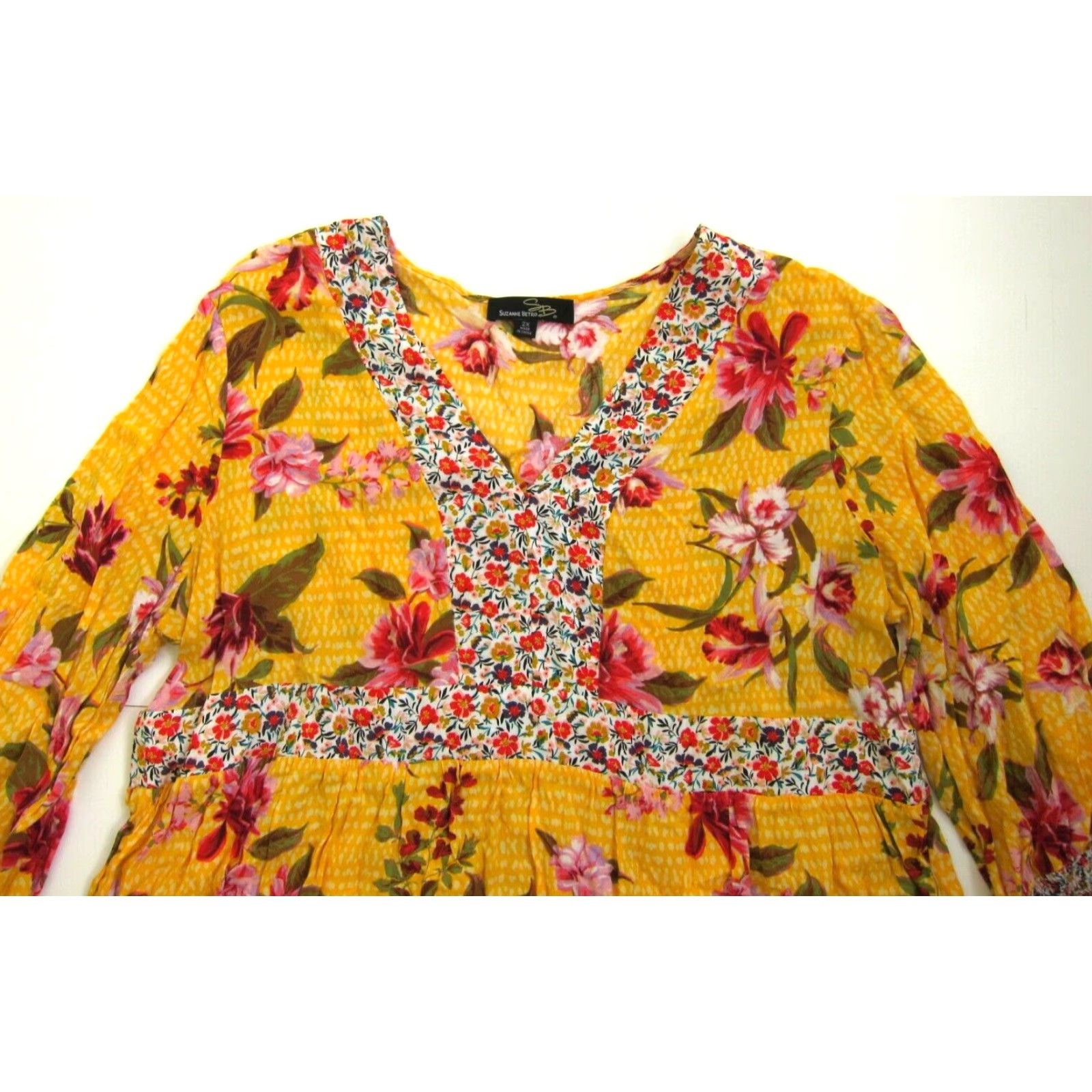 Vintage Suzanne Betro 100% Rayon Yellow Floral 3/4 Sleeve Tunic Blouse 2X Size XXL / US 16-18 / IT 52-54 - 3 Thumbnail