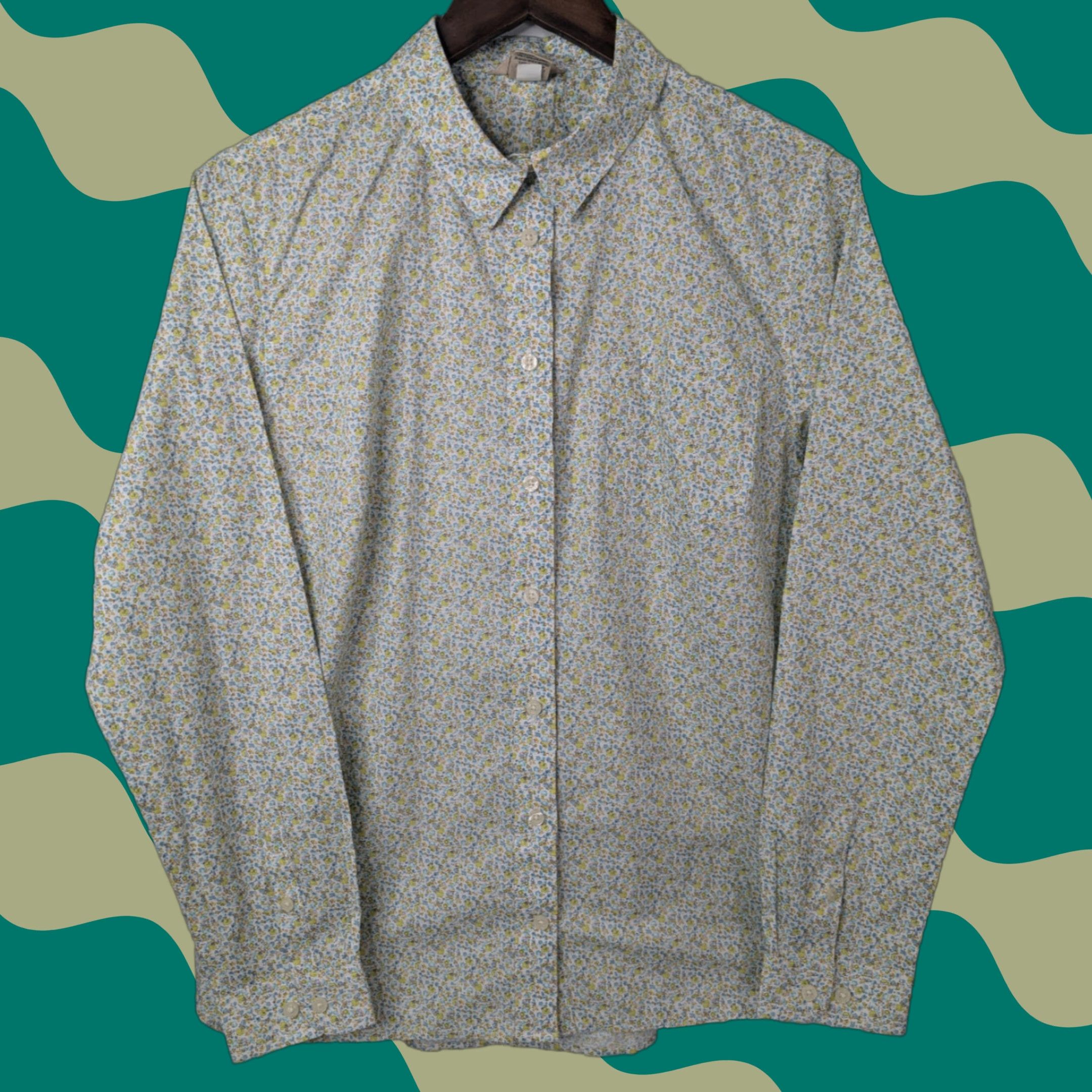 Vintage Duluth Shirt Green Ditsy Floral Womens L Wrinklefighter Button Long Sleeve Collared Casual Party/Cocktail Travel Easy Care 92707 Size L / US 10 / IT 46 - 1 Thumbnail