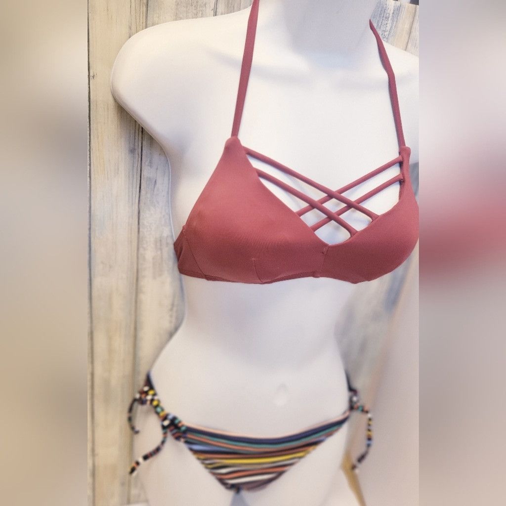 Other 2x Pair Strappy Bikini Tops with Multicolor Striped Bottom Size ONE SIZE - 2 Thumbnail