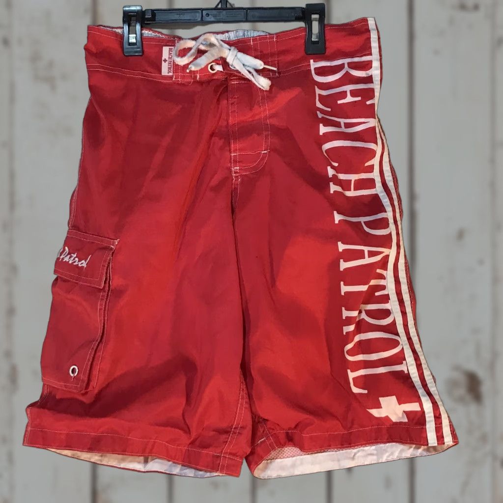 Vintage Beach Patrol Board Shorts Men's Size M Red Striped 10in Swimwear Lightweight Surfing 90s Size US 31 - 1 Thumbnail