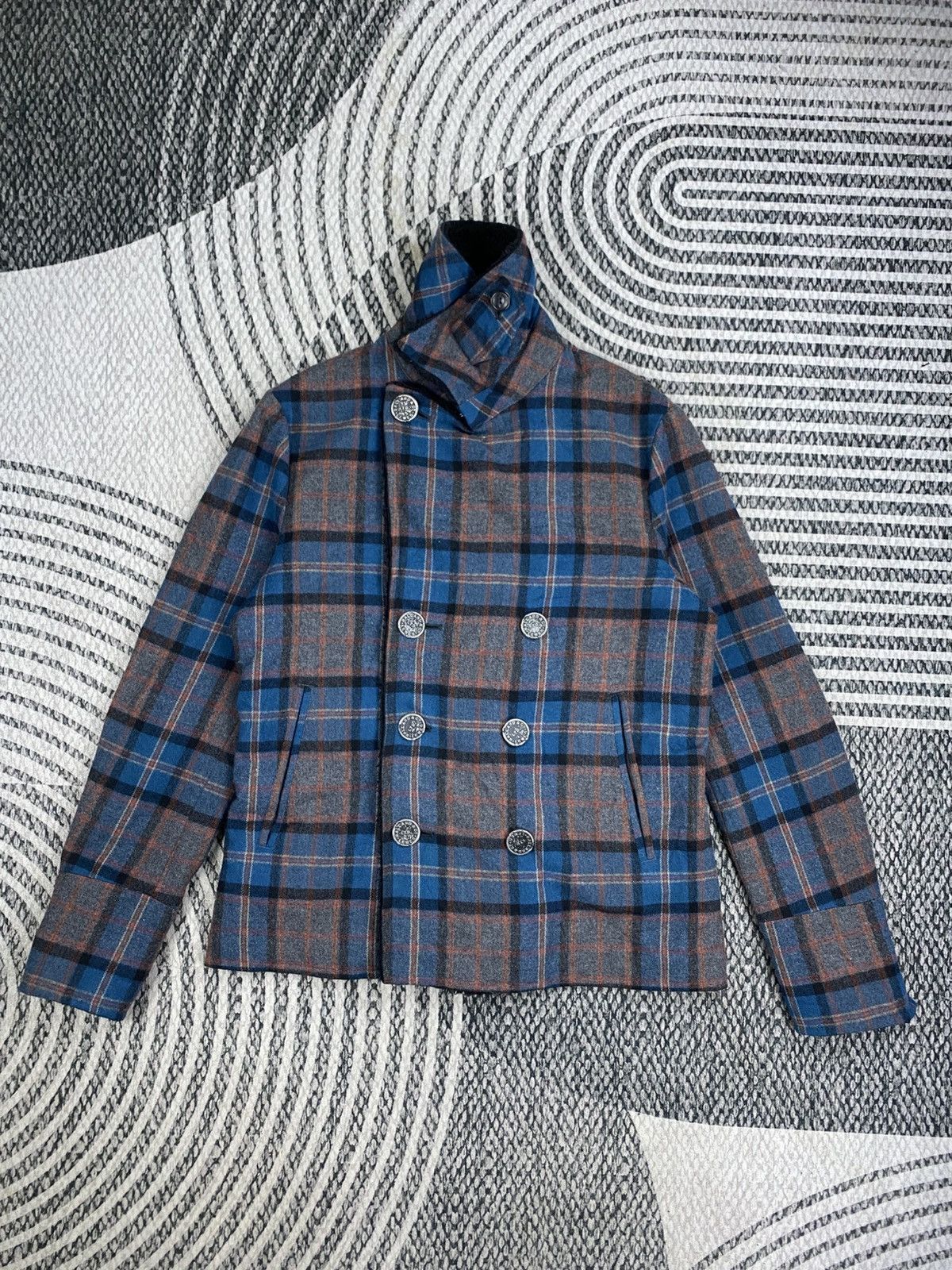 Japanese Brand Vtg Low Hurtz Blue & Grey Wool Plaid Sherpa Collar Jacket Size US M / EU 48-50 / 2 - 6 Thumbnail