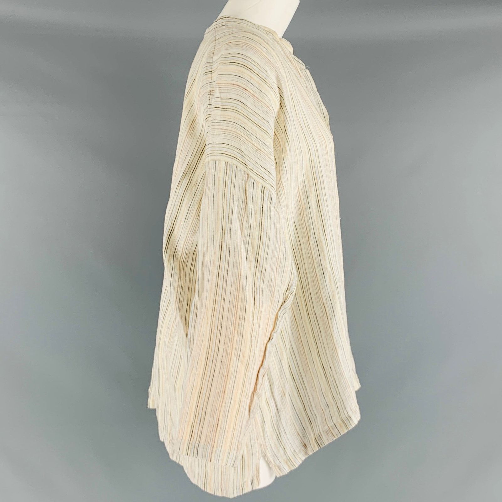 eskandar ESKANDAR 0 White Blue Linen Stripe Long placket Casual Top Size XS / US 0-2 / IT 36-38 - 3 Thumbnail