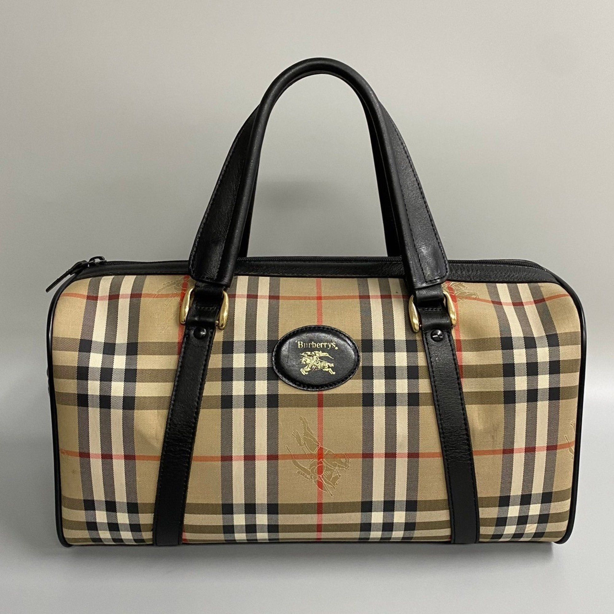 image of Burberrys Nova Check Canvas Leather Handbag Boston Bag Black 36671 in White, Women's