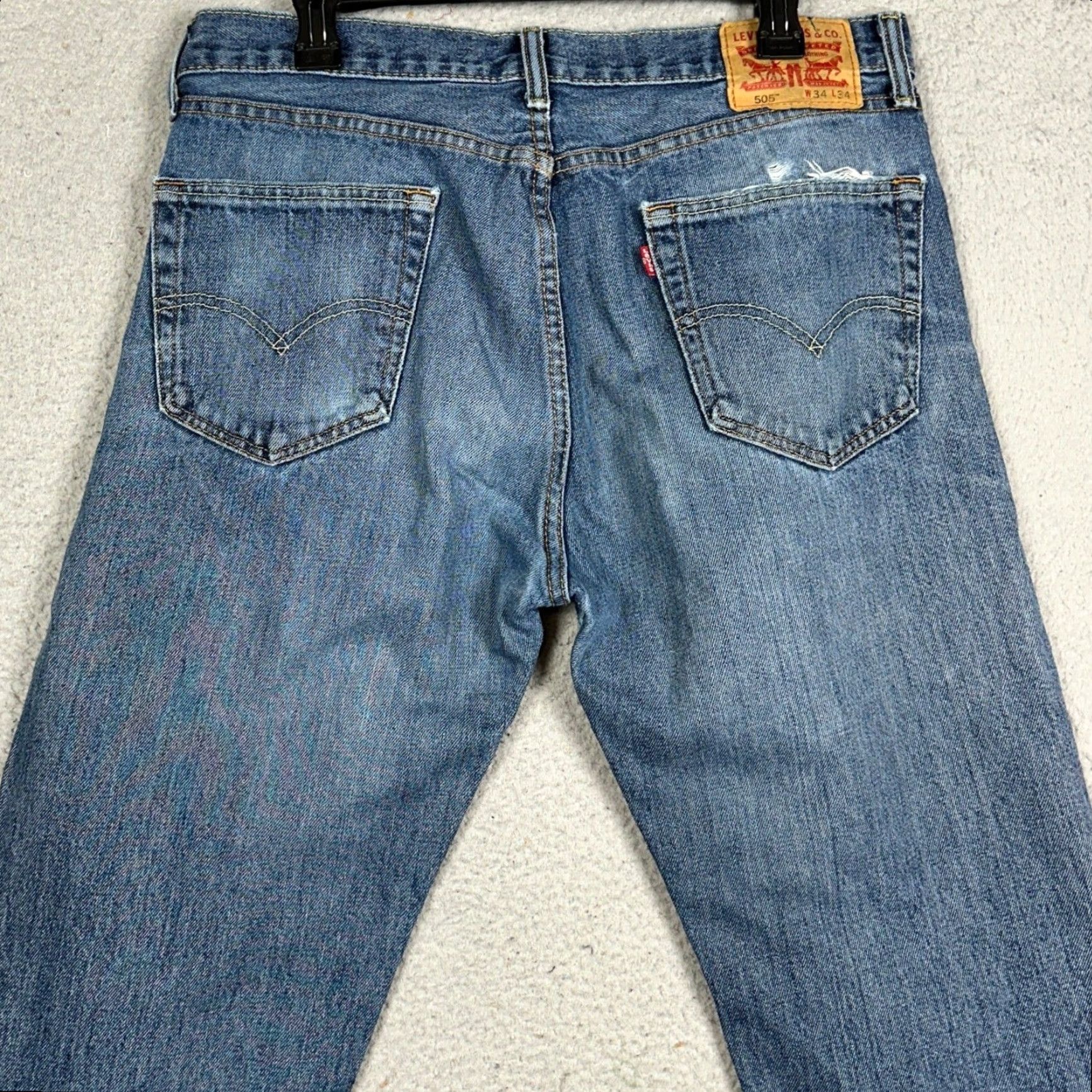 Levi's Levis 505 Jeans Men 34X34 Blue Regular Fit Straight Leg Distressed Denim 5-Pocket Zip Button Size US 34 / EU 50 - 2 Thumbnail