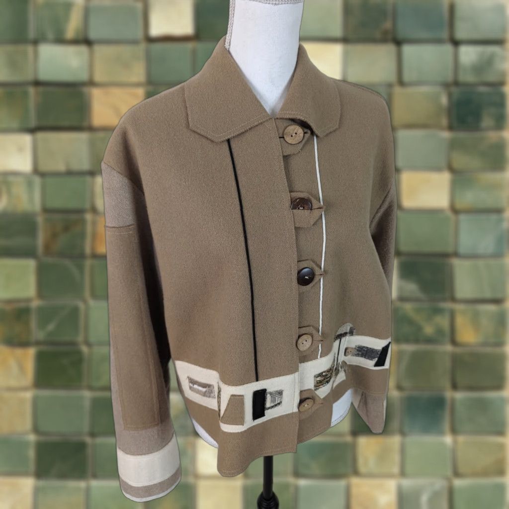 Vintage VINTAGE 90s Lagenlook FLEECE WOOL Beige Art Deco Coat JACKET SIZE Large Woman Wool Beige Size L / US 10 / IT 46 - 1 Thumbnail