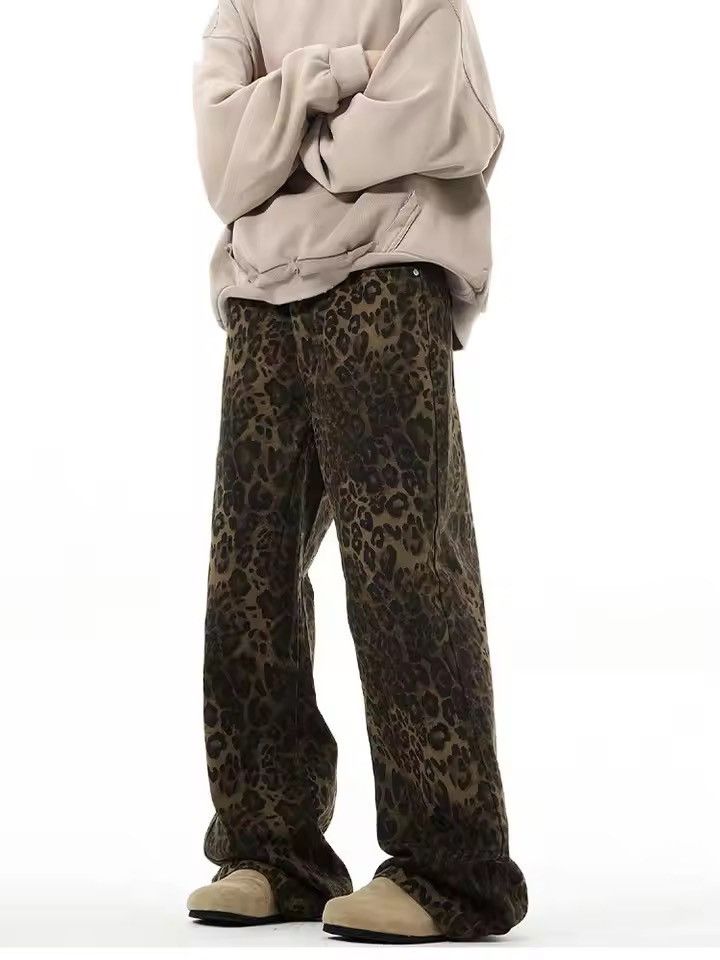Japanese Brand 🐆 Y2K Grunge Baggy Jeans - Dark Brown Leopard Print Pant 🍂 Size US 31 - 6 Thumbnail