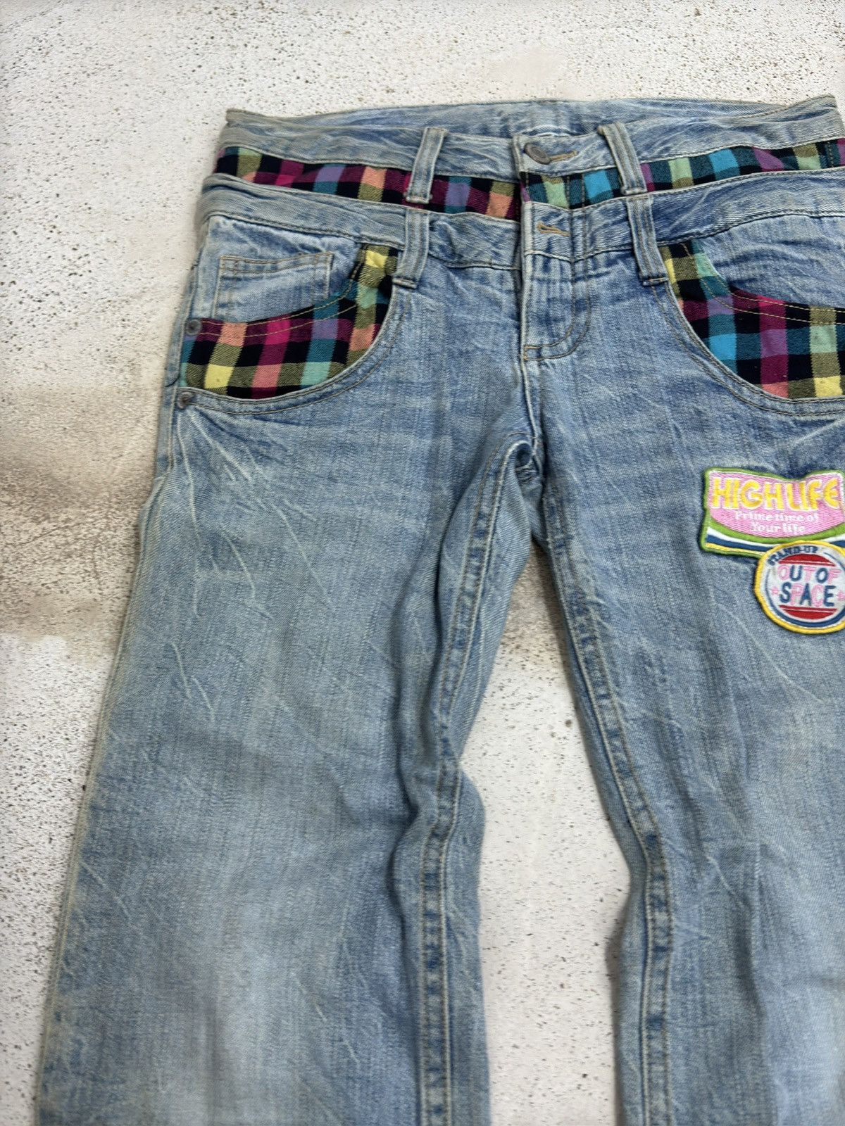 Hysteric Glamour Japanese Y2K Double Waist Plaid Patches Sun Faded Denim Size US 31 - 4 Thumbnail