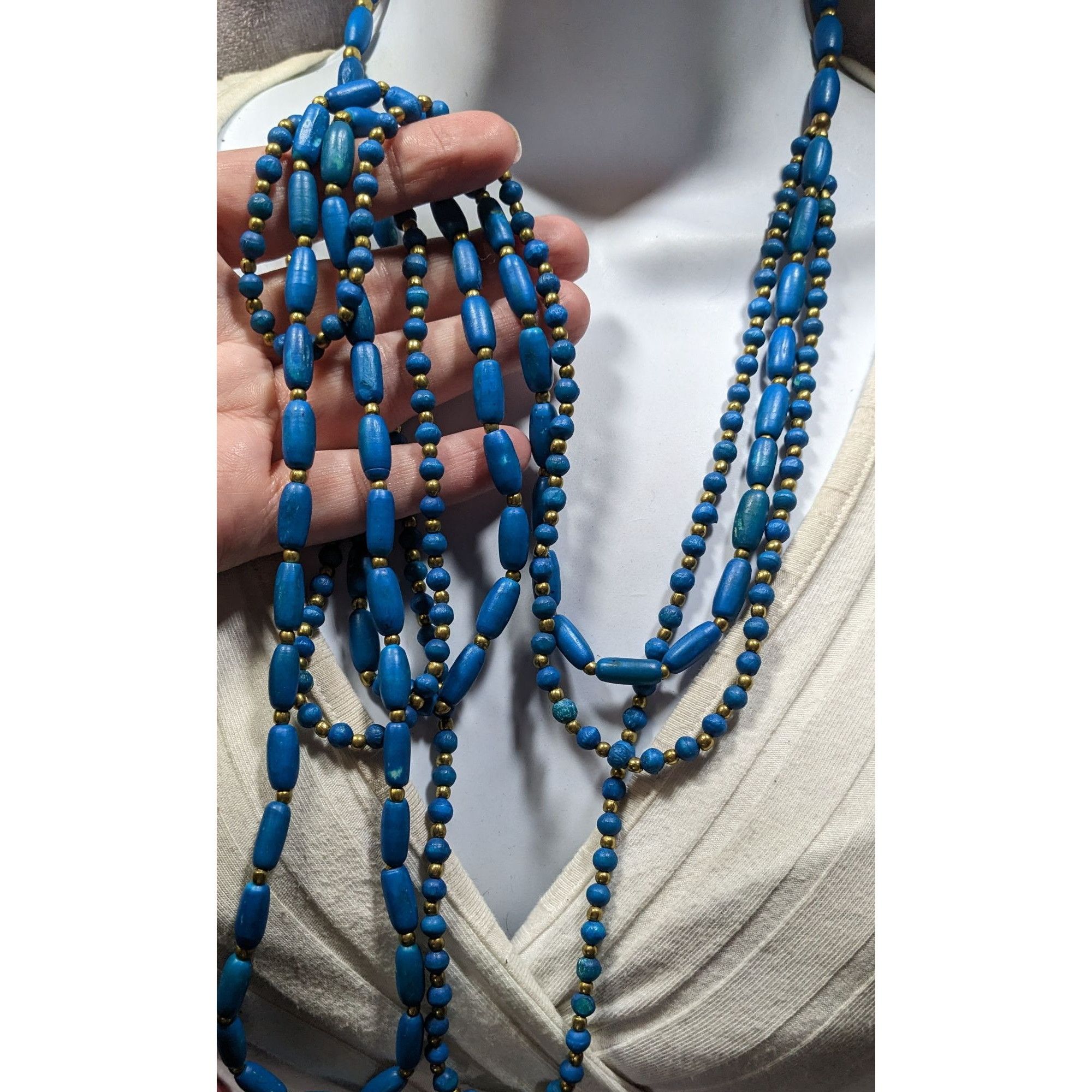 Other Vintage Dyed Blue Wood Bead Gold Spacer Multi Strand Bohemia Size ONE SIZE - 3 Thumbnail