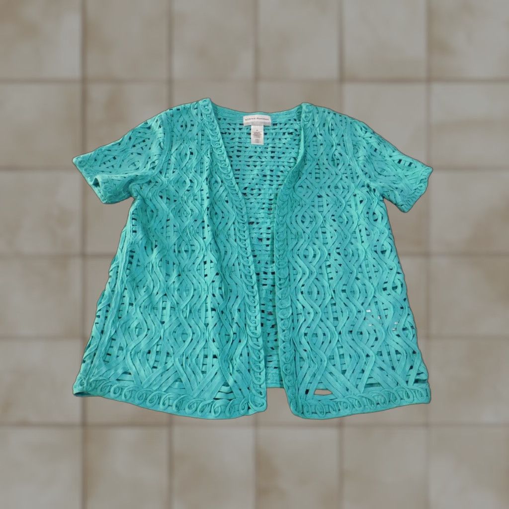 Vintage Alfred Dunner Blouse Shirt Womens Open Cotton Lace Beaded Short Sleeve Round Neck Petites Green Casual Size S / US 4 / IT 40 - 1 Thumbnail