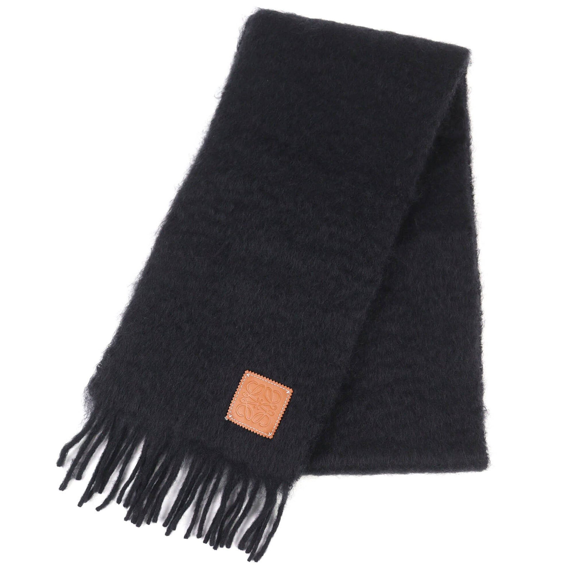 Loewe LOEWE Mohair Wool Anagram Leather Patch Fringe Long Scarf, Black, Made in Spain, Authentic, Women's Size ONE SIZE - 1 Thumbnail