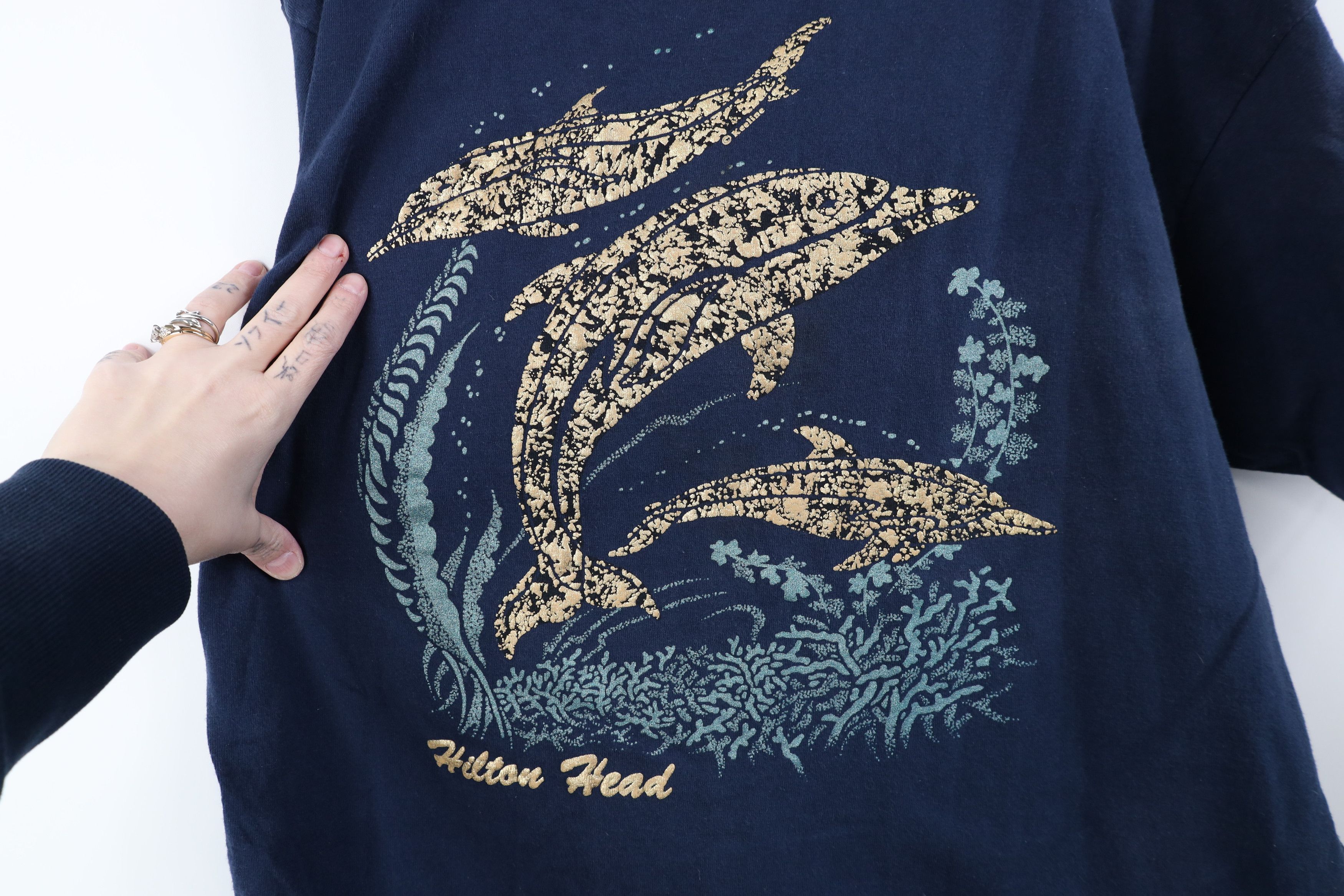 Vintage Vintage 90s Streetwear Head Metallic Dolphin T-Shirt Blue Size US XL / EU 56 / 4 - 4 Thumbnail