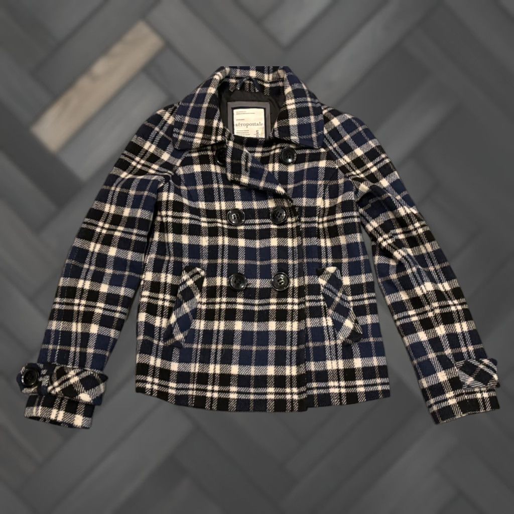 Vintage VINTAGE Aeropostale Pea Coat Blue White Plaid Wool Blend Double Breasted Womens S Size Jacket Coat Size S / US 4 / IT 40 - 1 Thumbnail