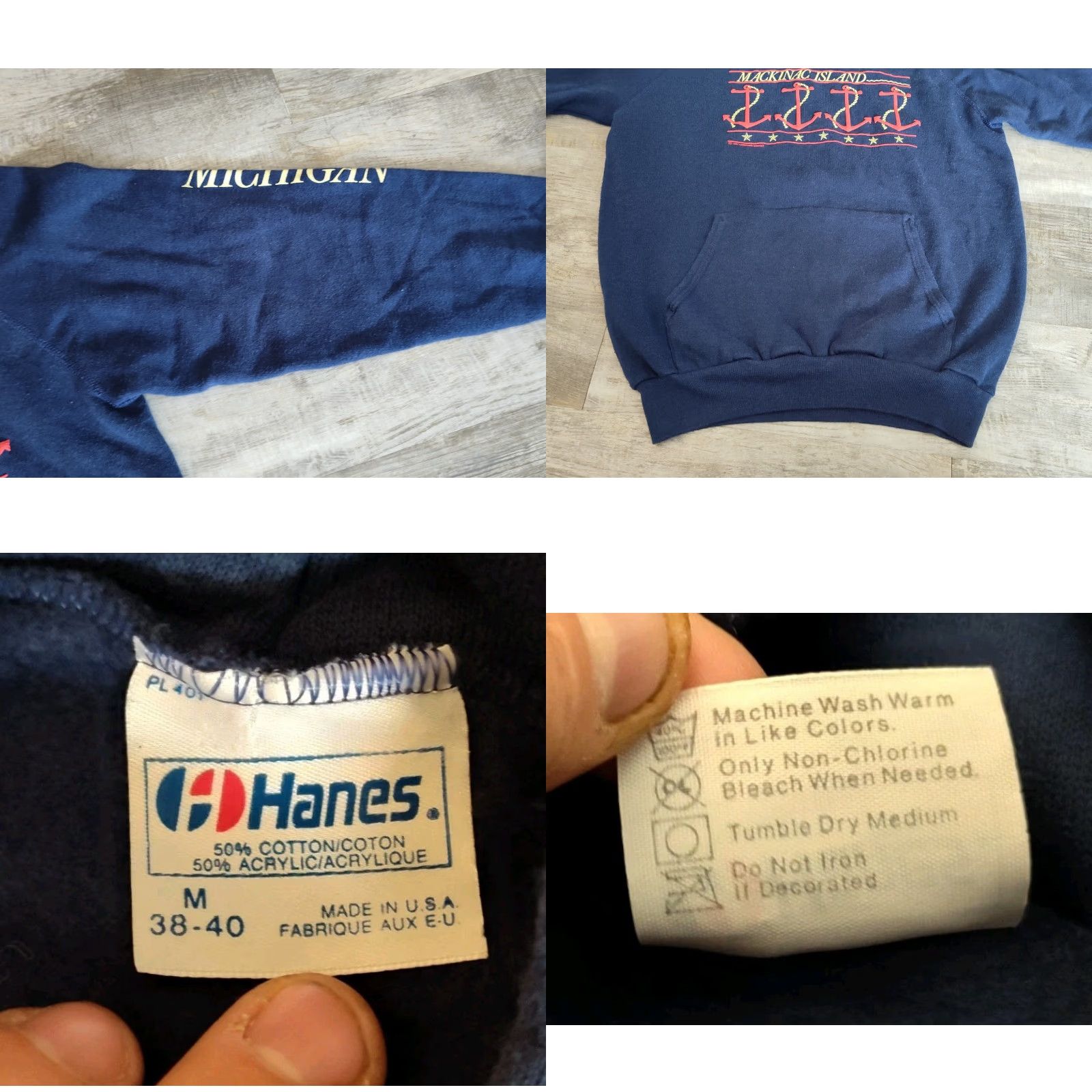 Hanes VINTAGE 80s Hanes Mackinac Island Hoodie Men's Blue Nautical Graphic Puff Print Pullover Size US M / EU 48-50 / 2 - 8 Thumbnail