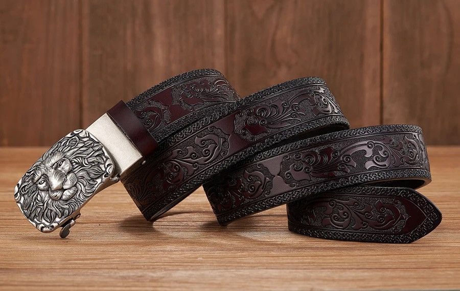 Leather × Vintage Lion Pattern Cow Leather Belt Size ONE SIZE - 3 Thumbnail