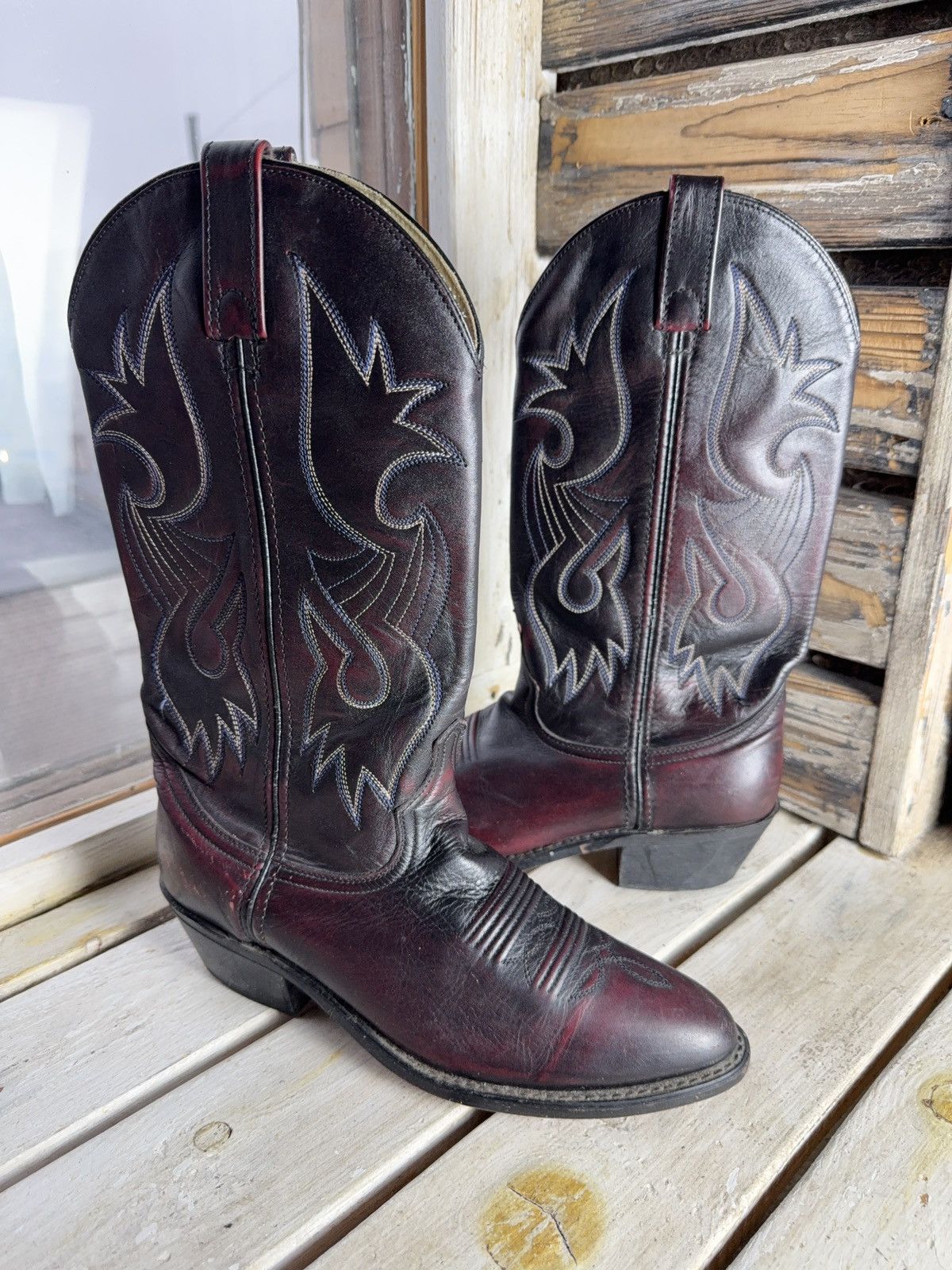 Vintage Retro Vintage Western Cowboy Leather Boots Burgundy Black Size US 8 / EU 41 - 1 Thumbnail