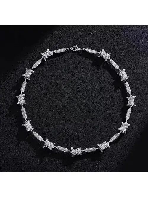 Hype x Jewelry Bling Crystal Barbed Wire Link Choker Necklace in Silver, Men's
