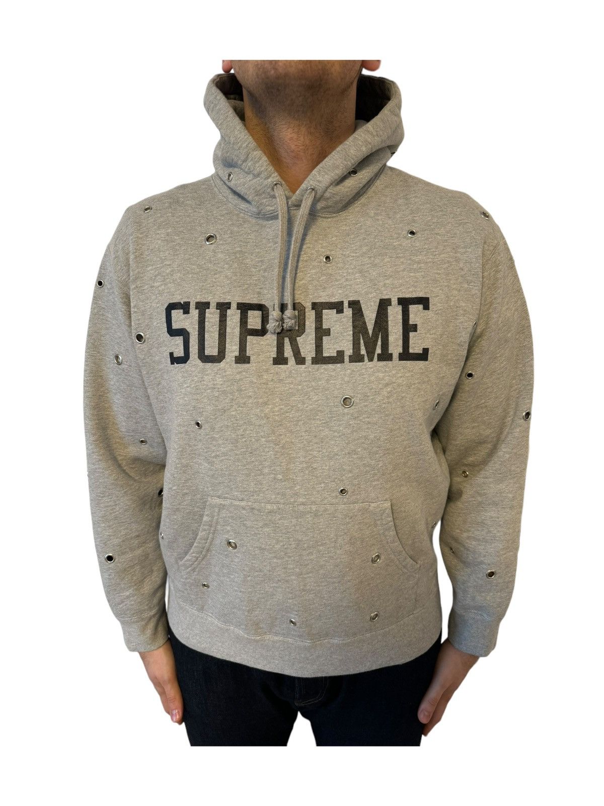 image of Supreme Eyelet Hooded Sweatshirt Heather Grey Hoodie Medium, Men's